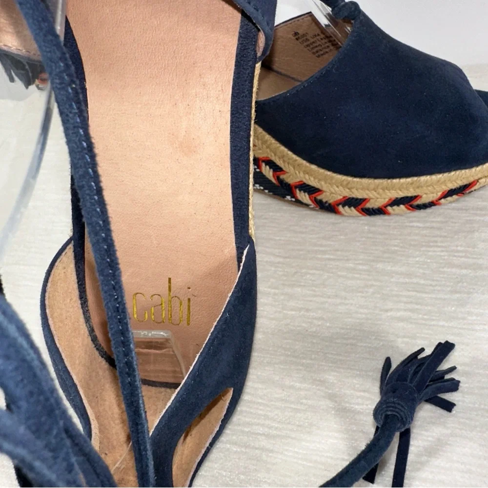 Cabi 6001 Women's US 6 Medium Navy Isla Wedge Ikat Suede Ankle Tie Sandals